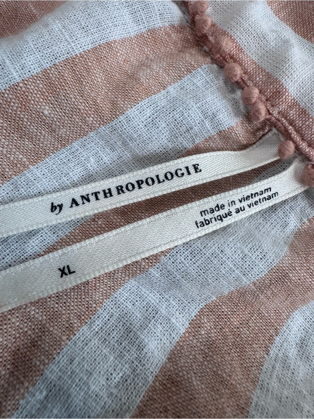 Anthropologie Linen Dolman Striped Lace-Up Peasant Blouse Light Blush & Cream - Picture 4 of 7
